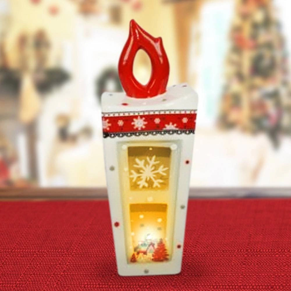 Trade Shop - Lanterna In Ceramica Candela Con Lumino Elettrico 28 Cm Decorazioni Natalizie -