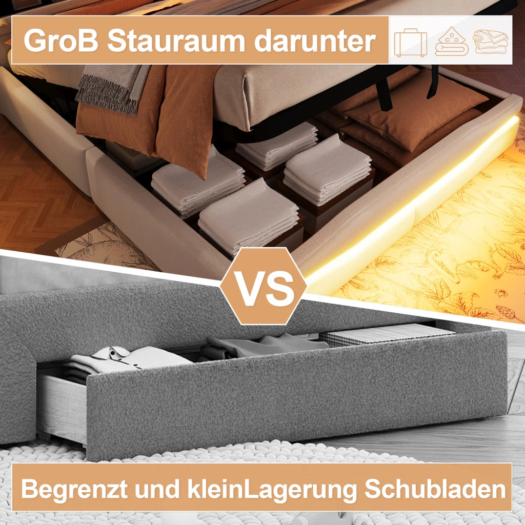 Letto Contenitore 160x200 cm; Letto Matrimoniale con USB; Type-C; LED; in Lino Beige