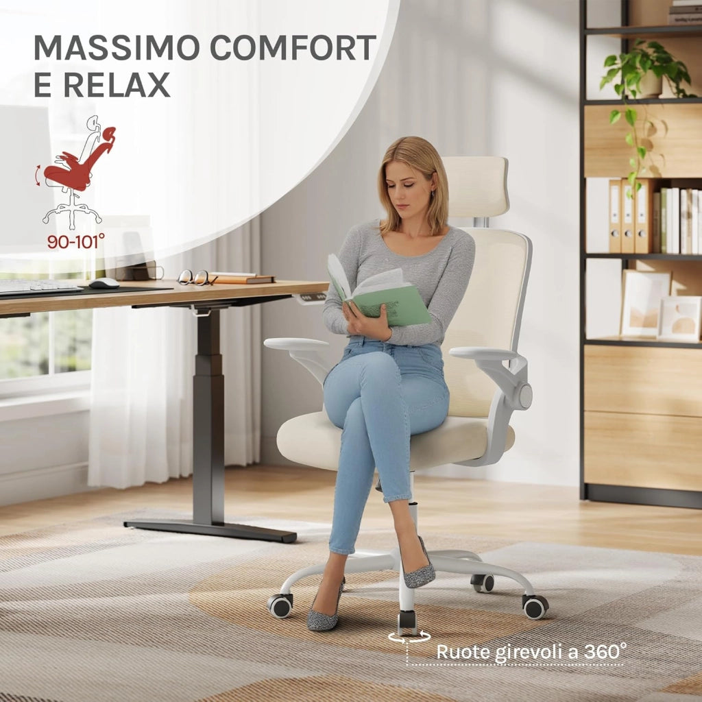 Sedia Ufficio Ergonomica con Poggiatesta e Braccioli Regolabili, Supporto Lombare, Poltrona Scrivania Girevole in Rete Traspirante Funzione Dondolo, Beige