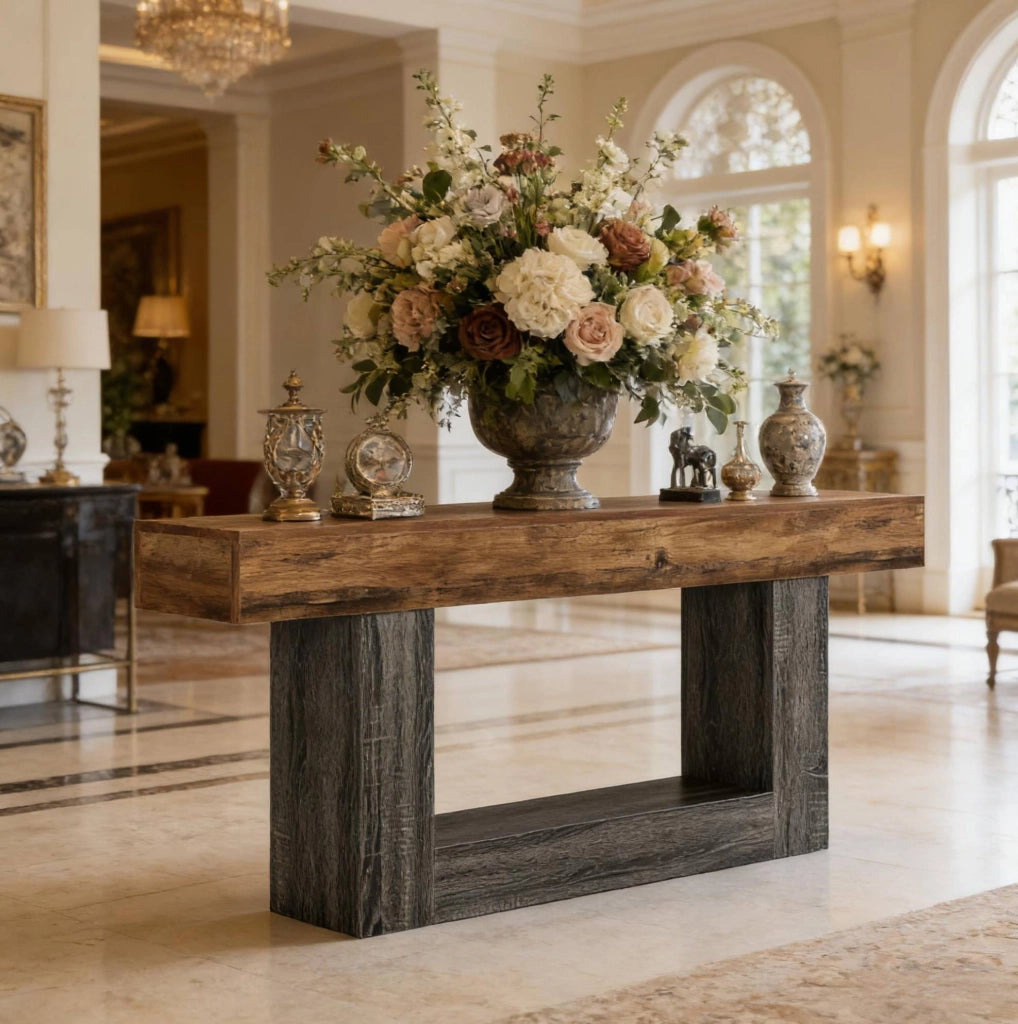 Tavolo consolle 160 cm in MDF E1 con ripiano inferiore grigio e marrone rustico