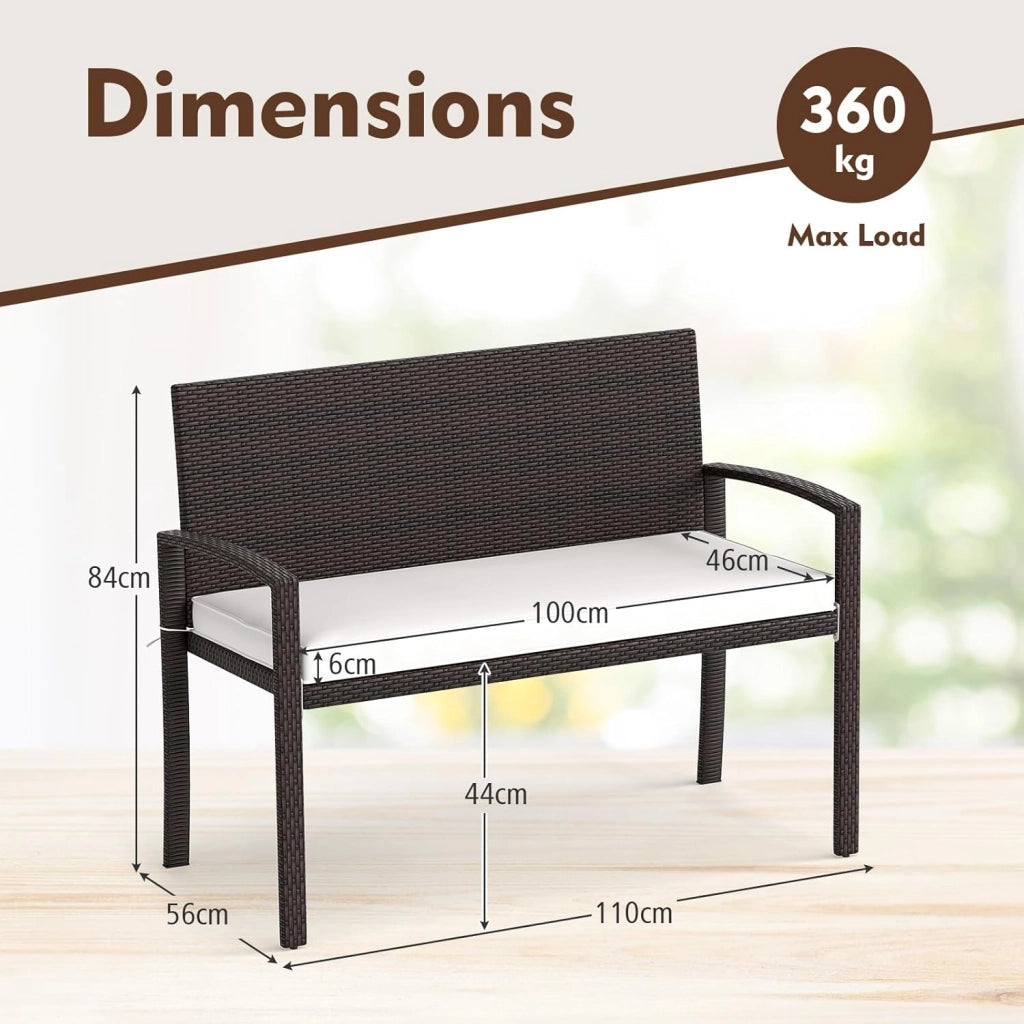 Panca da Giardino 2 Persone in Rattan, Panca da Esterno con Cuscino di Seduta Rimovibile, Struttura in Metallo, Carico 360 kg, Schienale e Braccioli, per Veranda, Giardino, Balcone, Terrazza