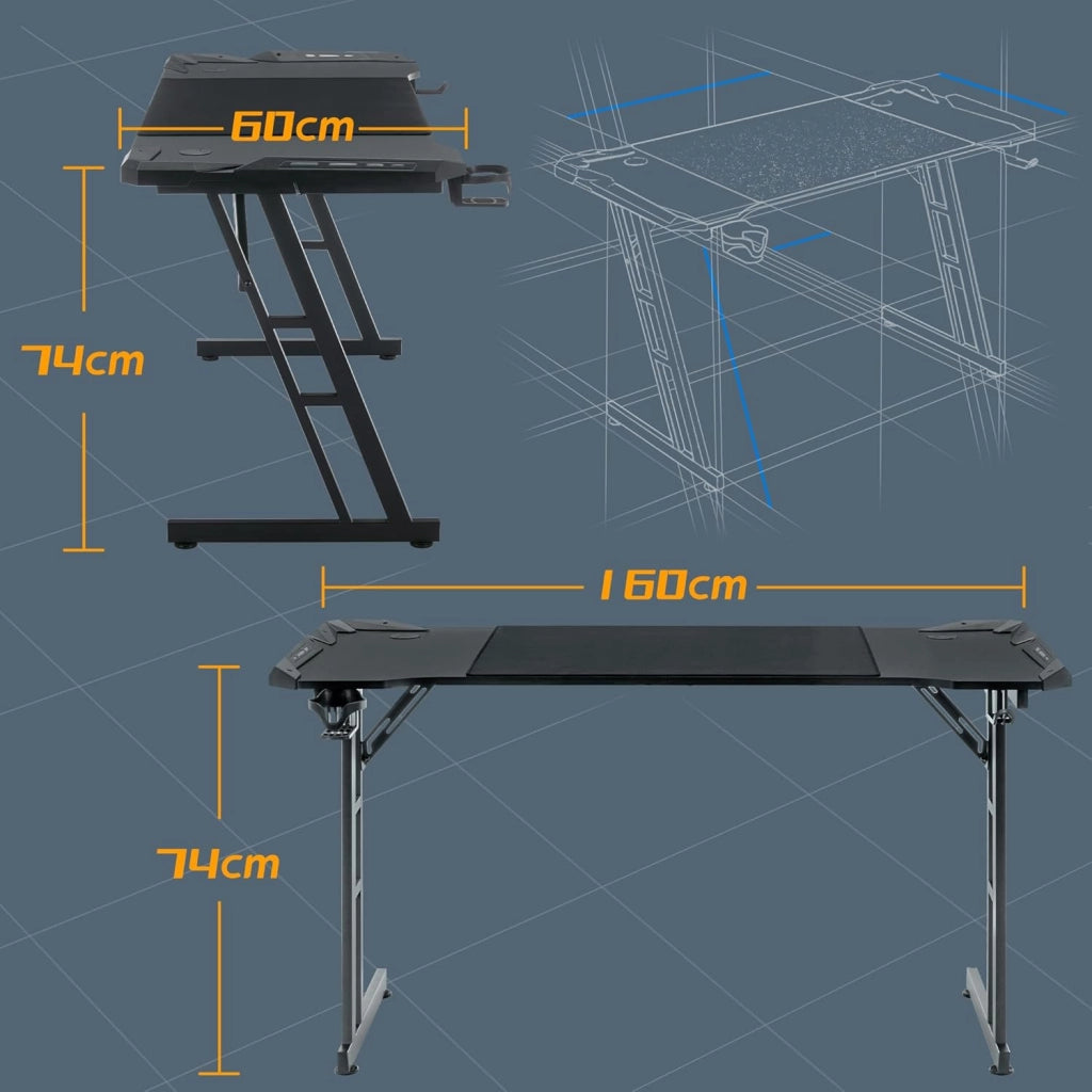 Tavolo da gioco, 160 x 60 cm, altezza regolabile, tavolo da gioco con LED e foro senza cavo, supporto per cuffie e tazze, pannello in fibra di carbonio, tavolo per computer ergonomico