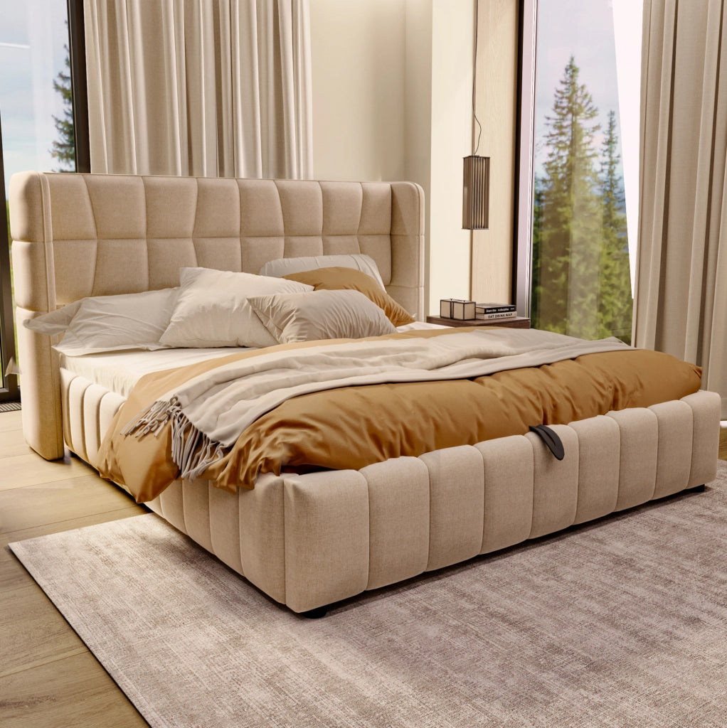 Letto imbottito 180x200 cm con contenitore in tessuto beige