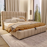 Letto imbottito 180x200 cm con contenitore in tessuto beige