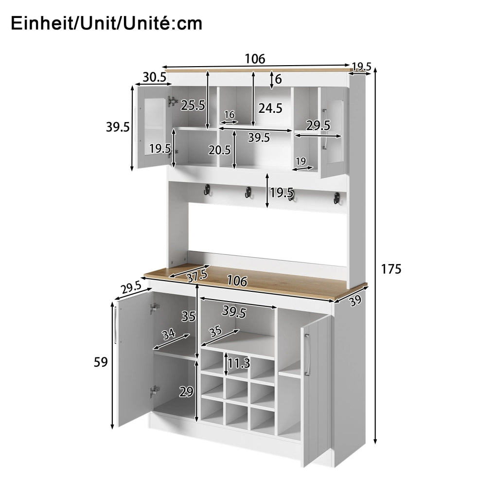 Credenza cucina con vetrine, portabottiglie e ganci 175 cm