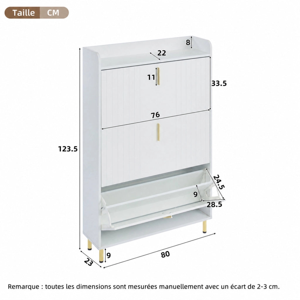 Set di 2 scarpiere a ribalta con 6 scomparti in MDF bianco 80x23x123;5 cm