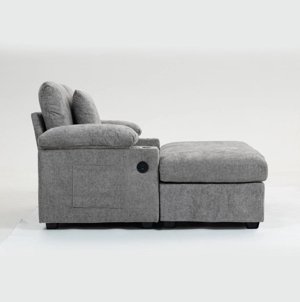 Poltrona relax convertibile in divano letto con portabicchieri; chenille grigio