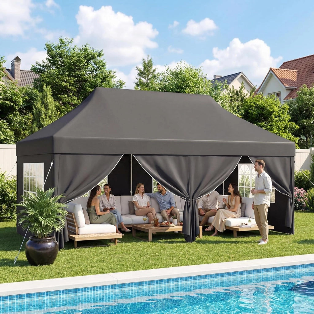 Gazebo 3x6 Pieghevole con Pareti Laterali, Gazebo con Altezza Regolabile, Telo in Tessuto Oxford Impermeabile, Tenda Robusta e Duratura per Matrimoni, Esterno, Giardini e Feste, Grigio