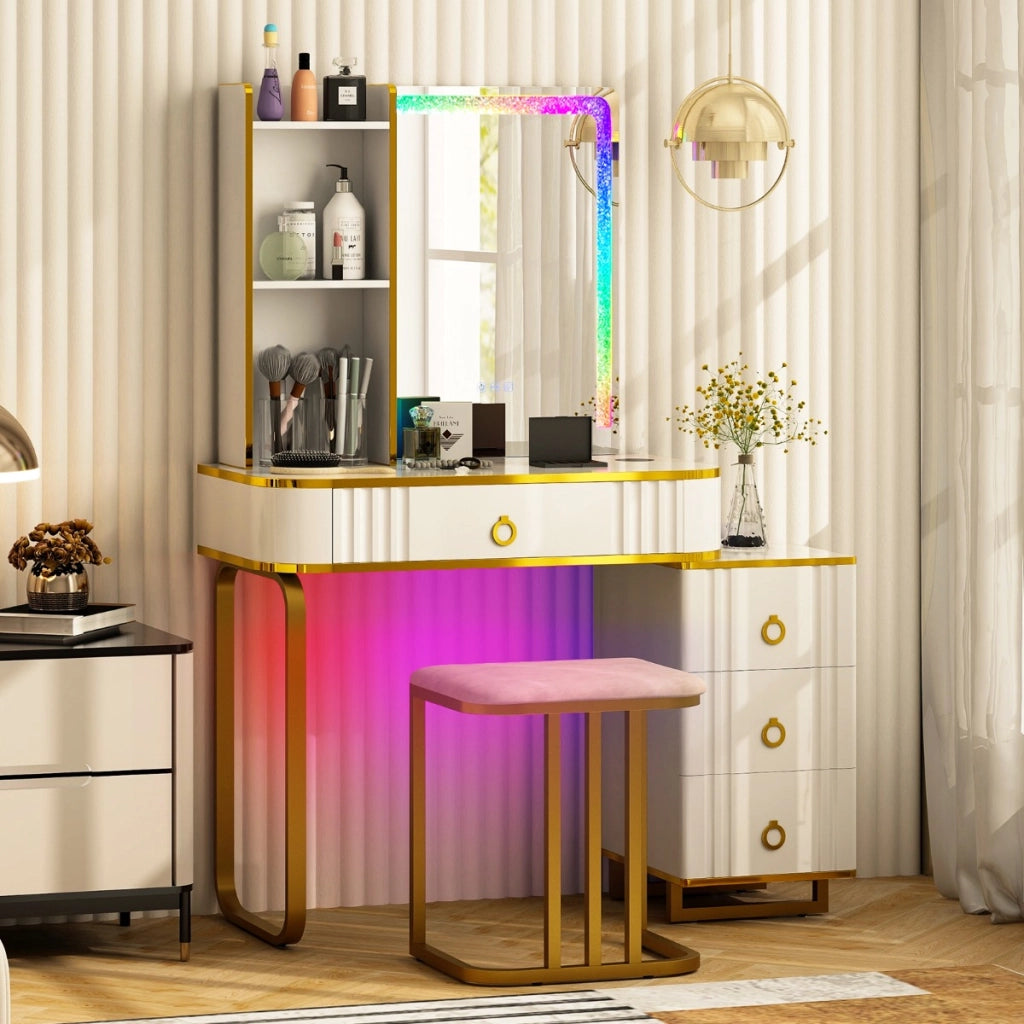 Toeletta da trucco RGB con specchio 7 luci LED dinamiche porte USB type-c e 4 cassetti, Tavolo da trucco Bianco-Tavoli da trucco