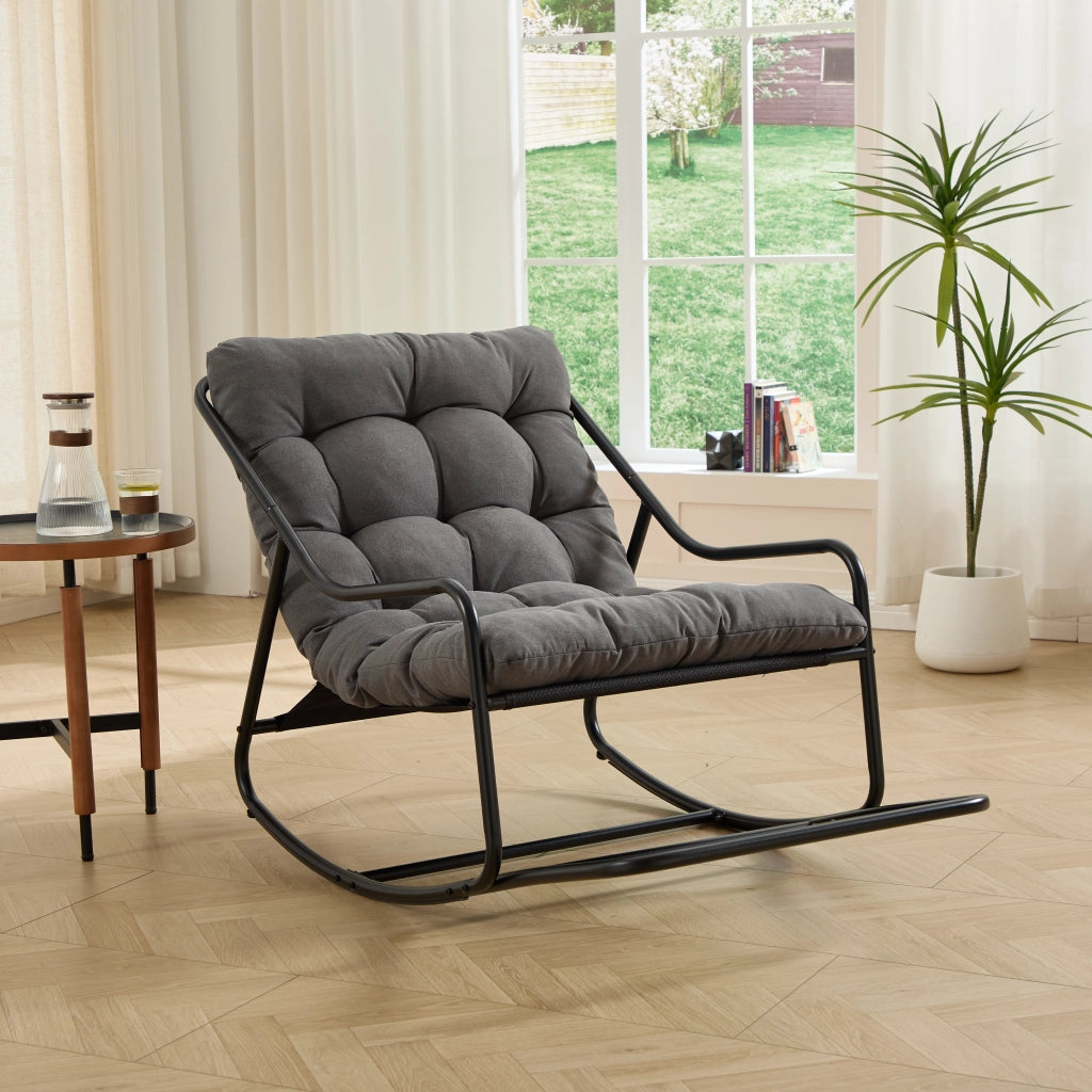 Sedia a Dondolo da Relax con Cuscino Spesso Oscillazione Regolabile Struttura Stabile in Acciaio Grigio 75 x 116 x 82 cm