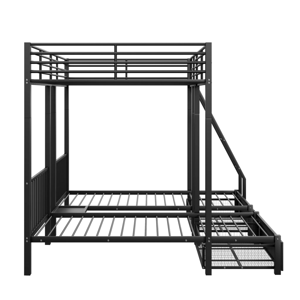 Letto a castello triplo in metallo 140x200 e 2x90x200 nero con 2 cassetti