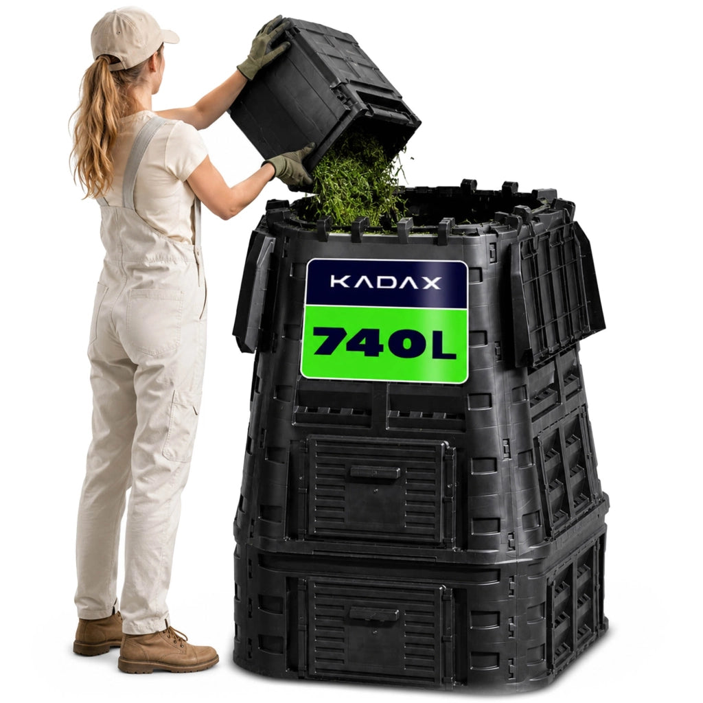 Compostiera modulare da giardino KADAX, resistente al gelo, utilizzabile tutto l'anno, colore nero, capacità 740 litri.