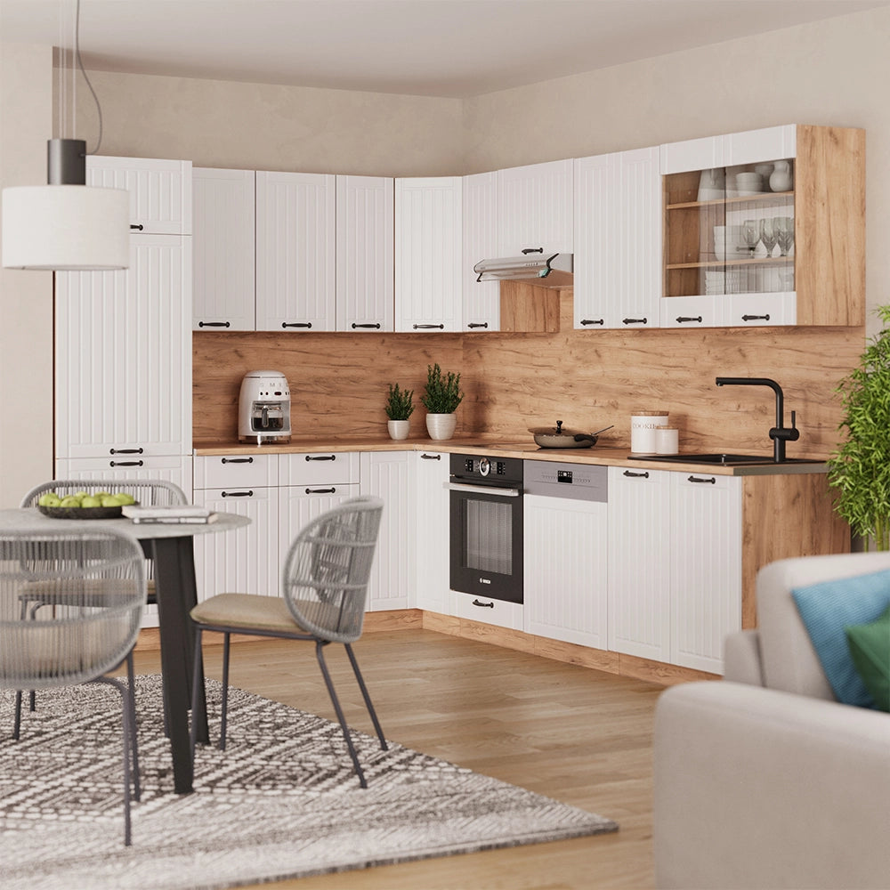 Cucina angolare completa Fame-Line Bianco rustico/Rovere dorato 227 x 60 cm, PL Marmo Vicco