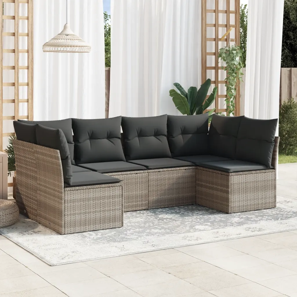 Set Divano da Giardino 6pz | Set Salotto da Giardino con Cuscini Grigio Chiaro Polyrattan