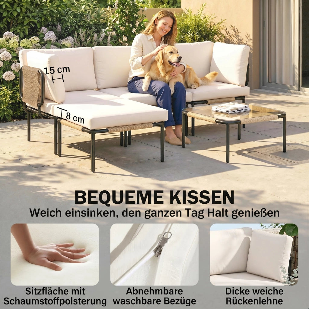 Set Divano da Giardino Polyrattan 5 Pezzi ¨C Zephmum ¨C Grigio con Tavolino Vetro e Cuscini