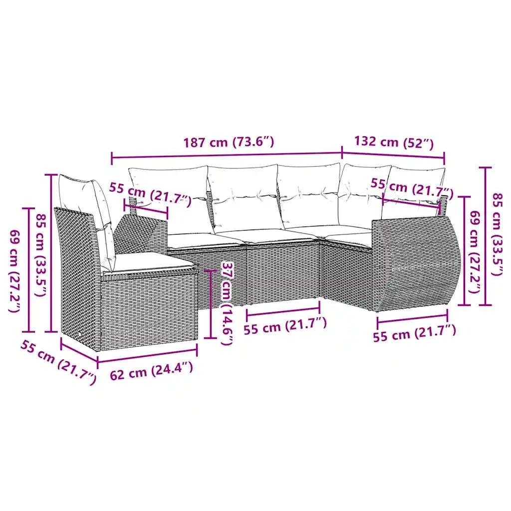 Set Divani da Giardino 5 pz con Cuscini in Polyrattan Nero