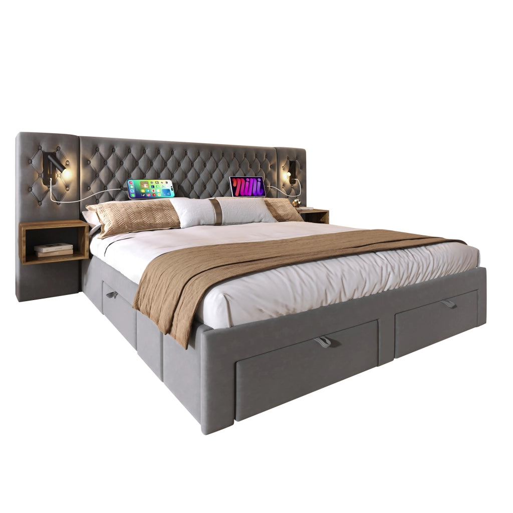 Set camera completo – 180x200 cm – 2 comodini 4 cassetti luce USB – velluto grigio