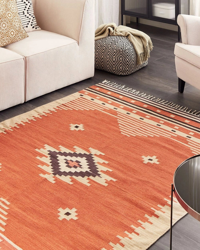 Tappeto Kilim in cotone multicolore 140 x 200 cm con motivo geometrico reversibile e frange Rettangolare Tradizionale