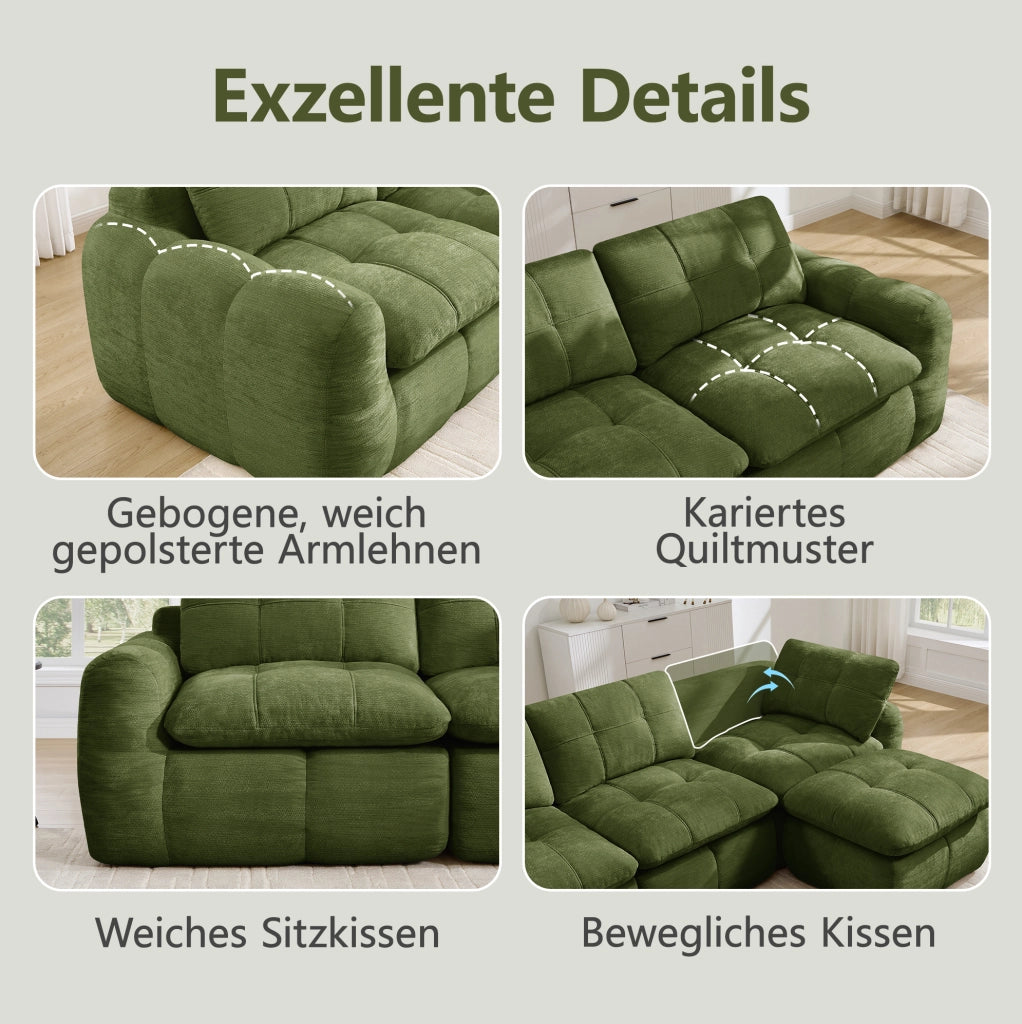 Divano modulare senza struttura 334x97x68 cm in chenille verde con seduta ampia e profonda