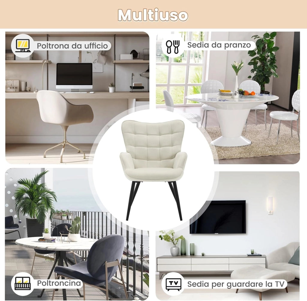 Poltrona Relax ad Ala, Poltrona Salotto Braccioli Alti, Sedia Poltrona per Camera da Letto, Soggiorno, Sedile in Velluto a Coste, Gambe in Metallo, Motivi a Quadri, Grigio Scuro, SKS31dgr