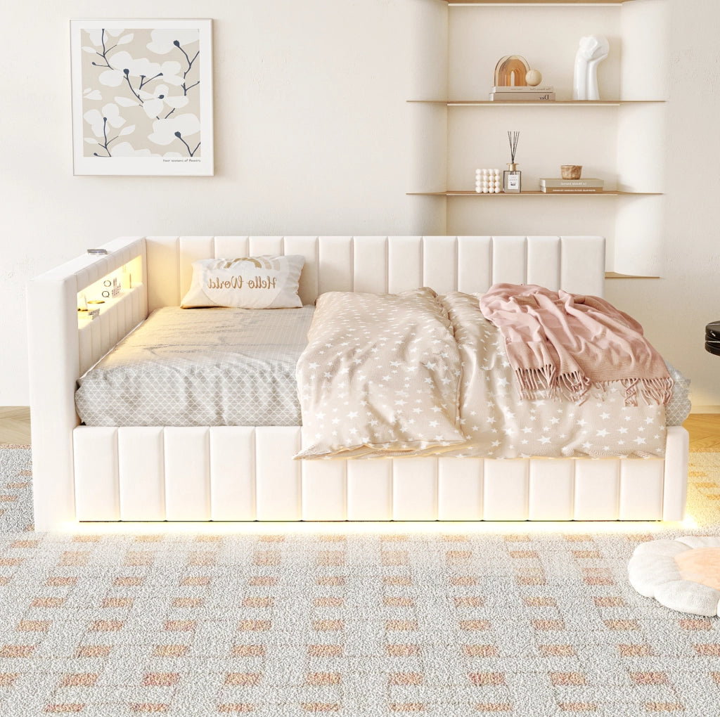 Letto imbottito 140x200 cm; contenitore idraulico; LED e USB; velluto; beige (Senza materasso)