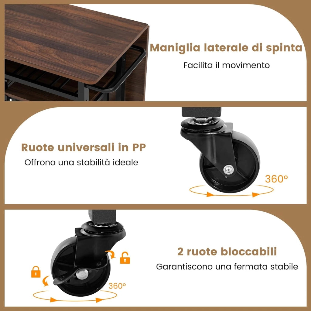 Tavolo da Pranzo Pieghevole Estensibile 3 Pezzi con 2 Sgabelli, Set Tavolo da Cucina con Ruote e Portabottiglie da 6 Posti, Ripiani e Maniglia Laterale (Marrone)