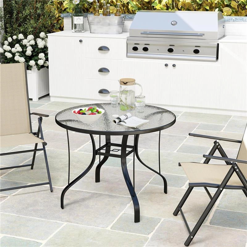 TAVOLINO DA GIARDINO ROTONDO CON FORO PER OMBRELLONE, IN METALLO E VETRO TEMPERATO, Ï96.5X71 CM, NERO