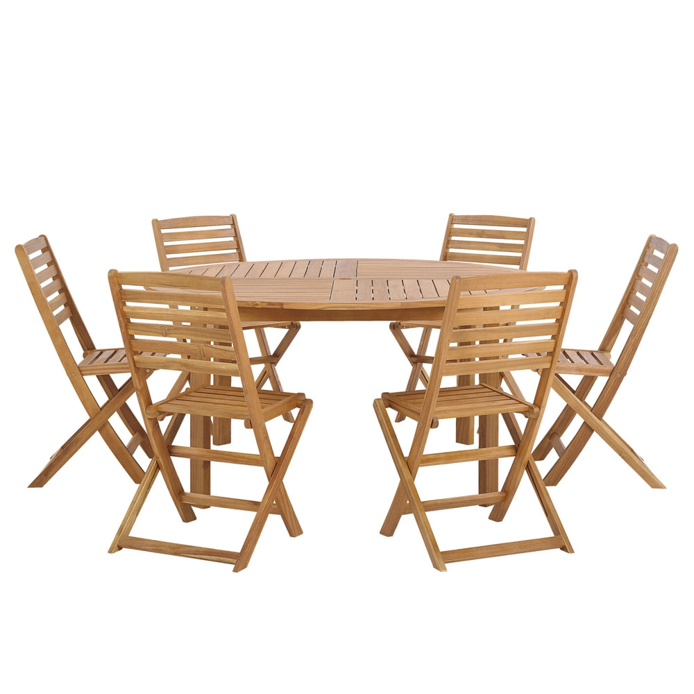 Set da pranzo da giardino in 7 pezzi Tavolo rotondo in legno di acacia chiaro e 6 sedie a doghe pieghevoli