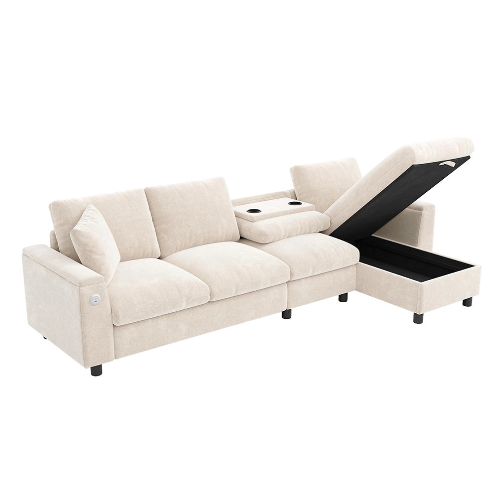 Divano angolare in L - Xylo - Chenille, USB-C, tavolo ribaltabile, beige