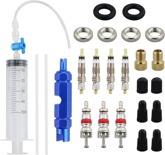 Spuit 60 ml - Liquido Dichtingsistema - Strumento Rimozione Viti - Compatibile con Afdichtanti - Lega di Alluminio - Incluso 8 Core e 8 Presta Viti Dotate di Doppo - Spuit per Iniezione