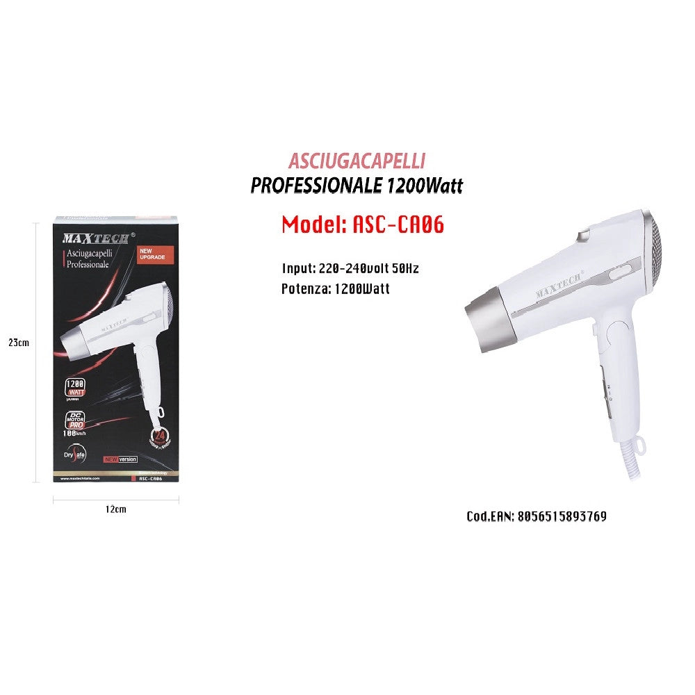 Trade Shop - Asciugacapelli Viaggio 1200w Richiudibile Con Beccuccio Phon 100 Km/h Asc-ca06 -