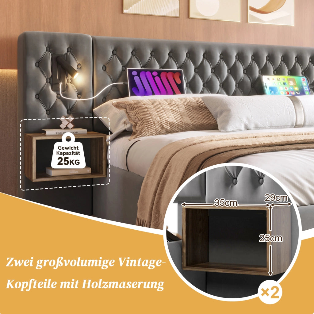 Letto matrimoniale 180 × 200 cm con 2 comodini, 4 cassetti, lampada da lettura e USB, senza materasso, velluto grigio