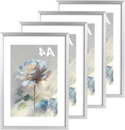 Set di 4 cornici fotografiche in argento per foto A4, poster e puzzle
