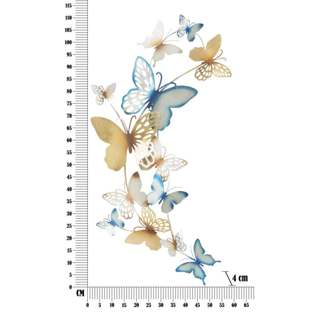 Pannello da muro Butterflies C a volo di farfalle in ferro oro e azzurro 59x111 cm