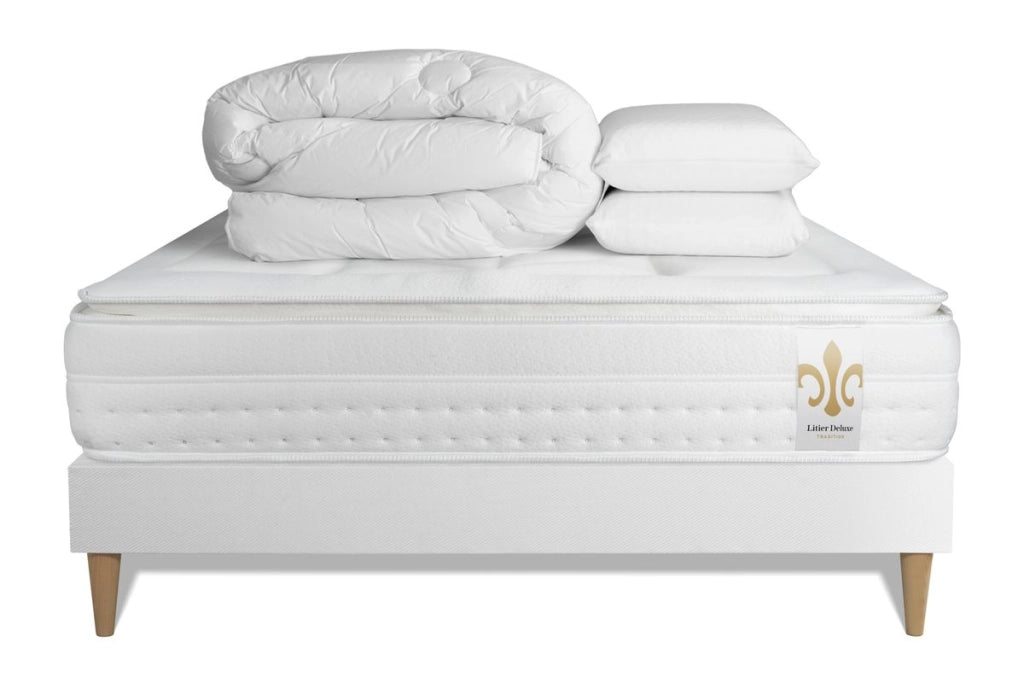 Pacchetto letto completo - Materasso 140x190cm + Box spring con doghe (kit) + 2 cuscini + Piumino - Vingt-Huit PLUS