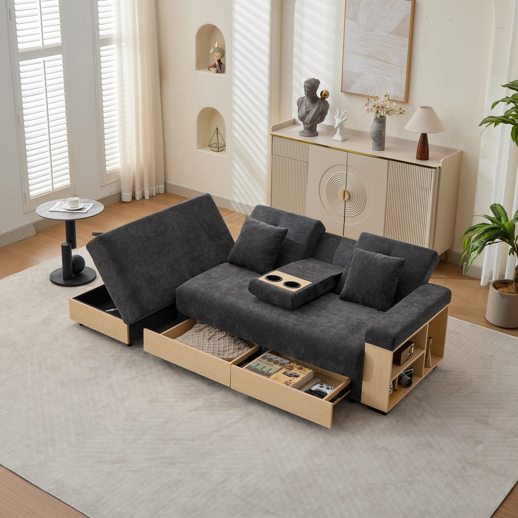 Divano modulare, schienale regolabile, 2 cassetti, tessuto chenille, struttura in MDF, con portabicchieri, poggiapiedi con vano portaoggetti, grigio