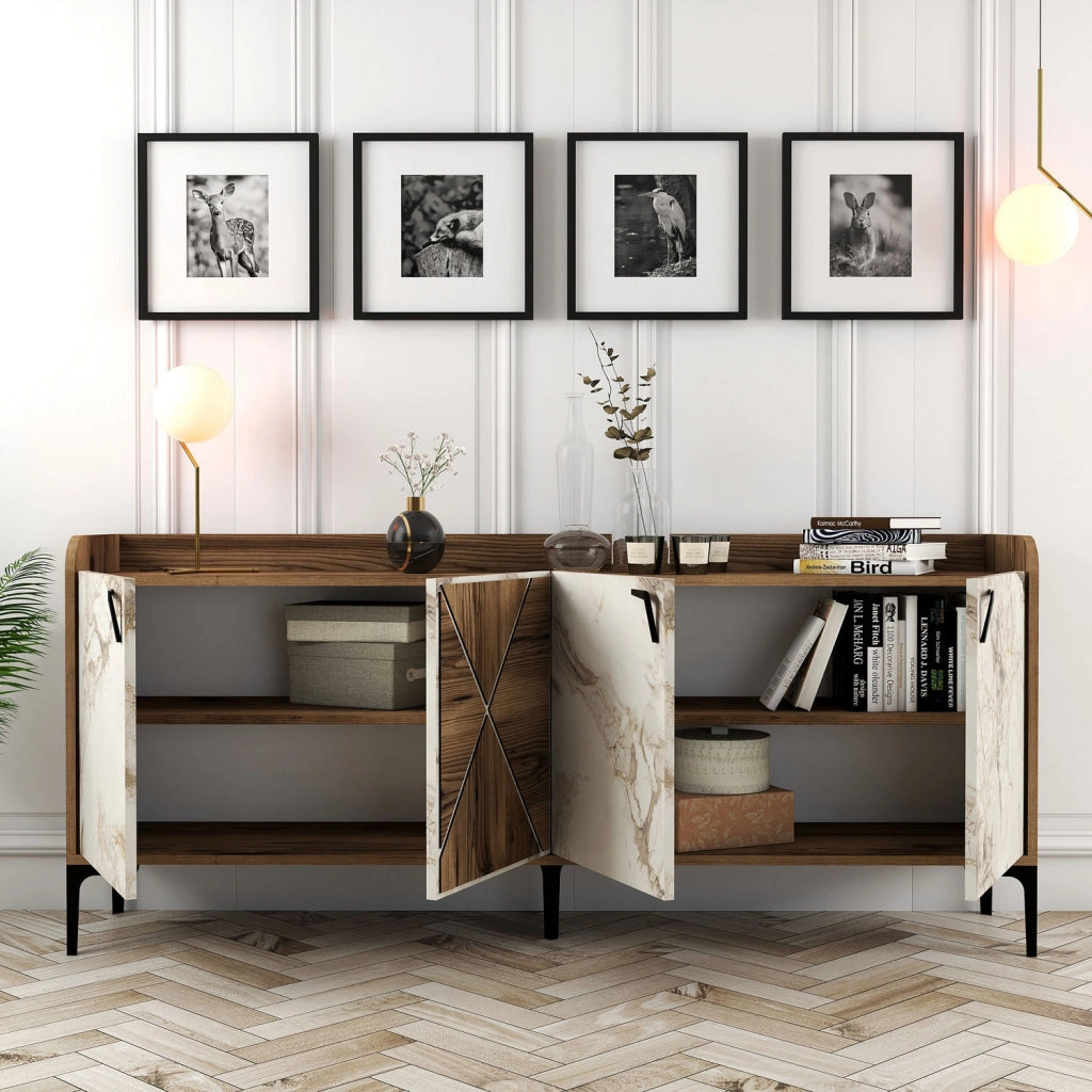 Credenza in legno "Venedik" - 180 x 35 x 78 cm - Bianco marmorizzato
