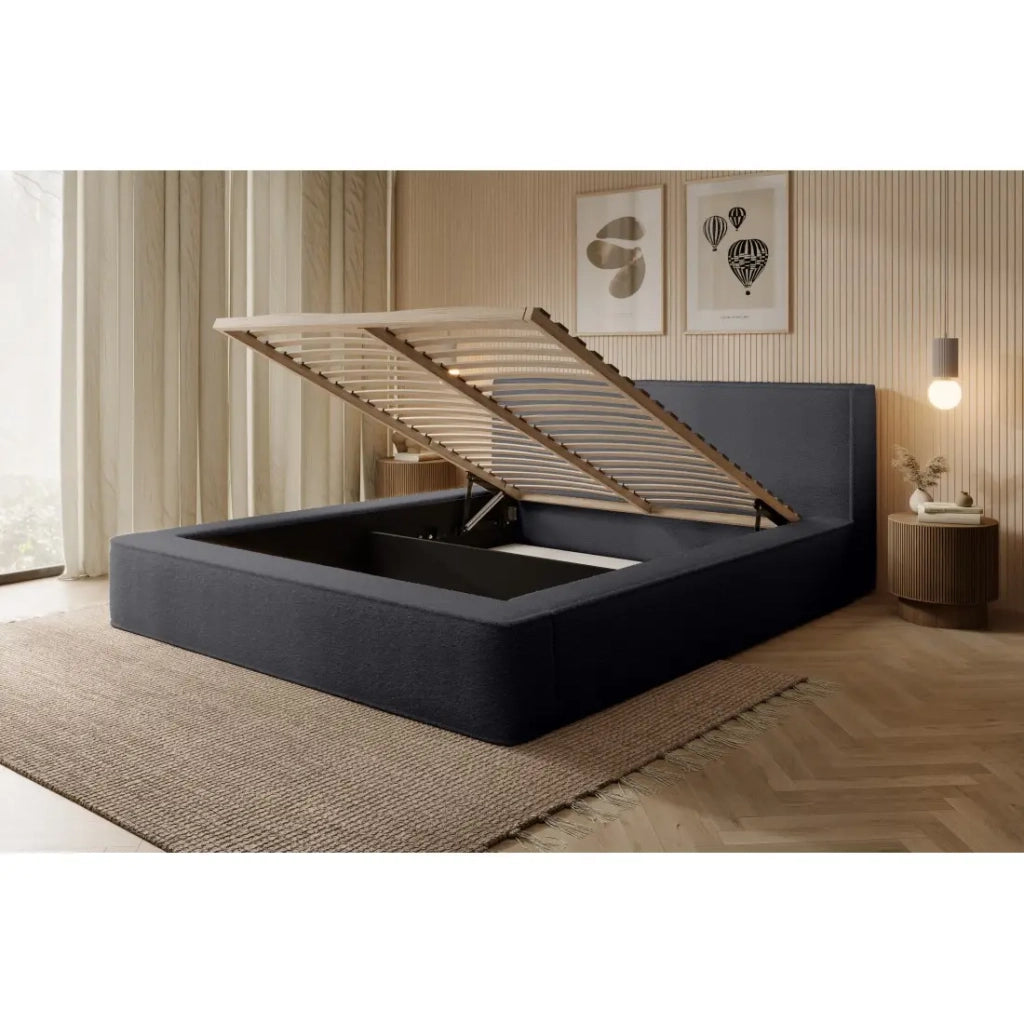 Lit coffre VELORA – Antracite profondo bouclé – 140x200 cm – Tessuto velluto morbido – Rete sollevabile – Contenitore integrato