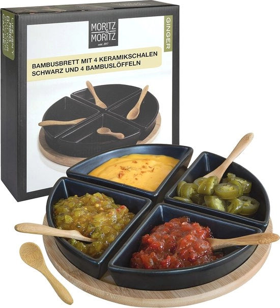 Piatto da Servire con Scatole per Antipasti 22 cm - Tavolo di Servizio in Bambù con Scatola Ceramica e Cucchiaio - Set di Scatole per Antipasti e Spuntini