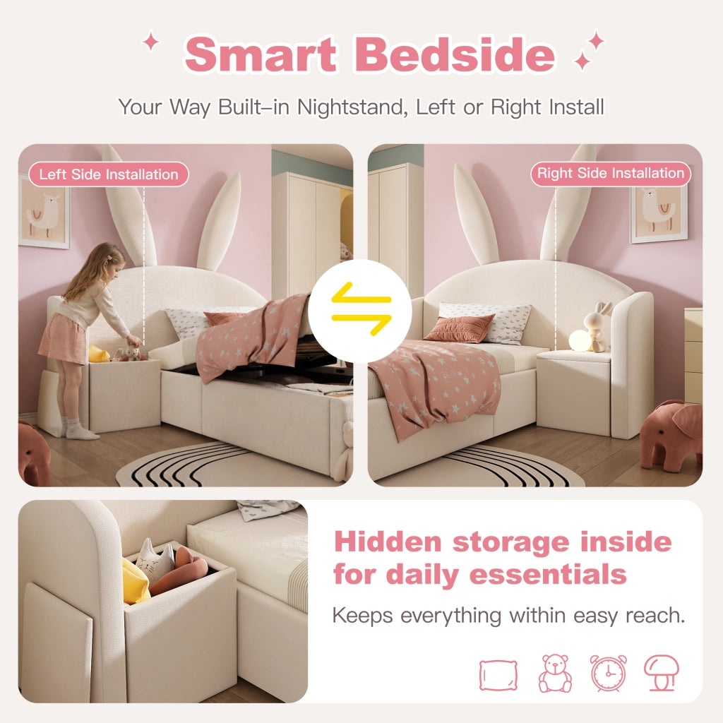 Letto per bambini 90 × 200 cm con contenitore idraulico, comodino reversibile, senza materasso, beige