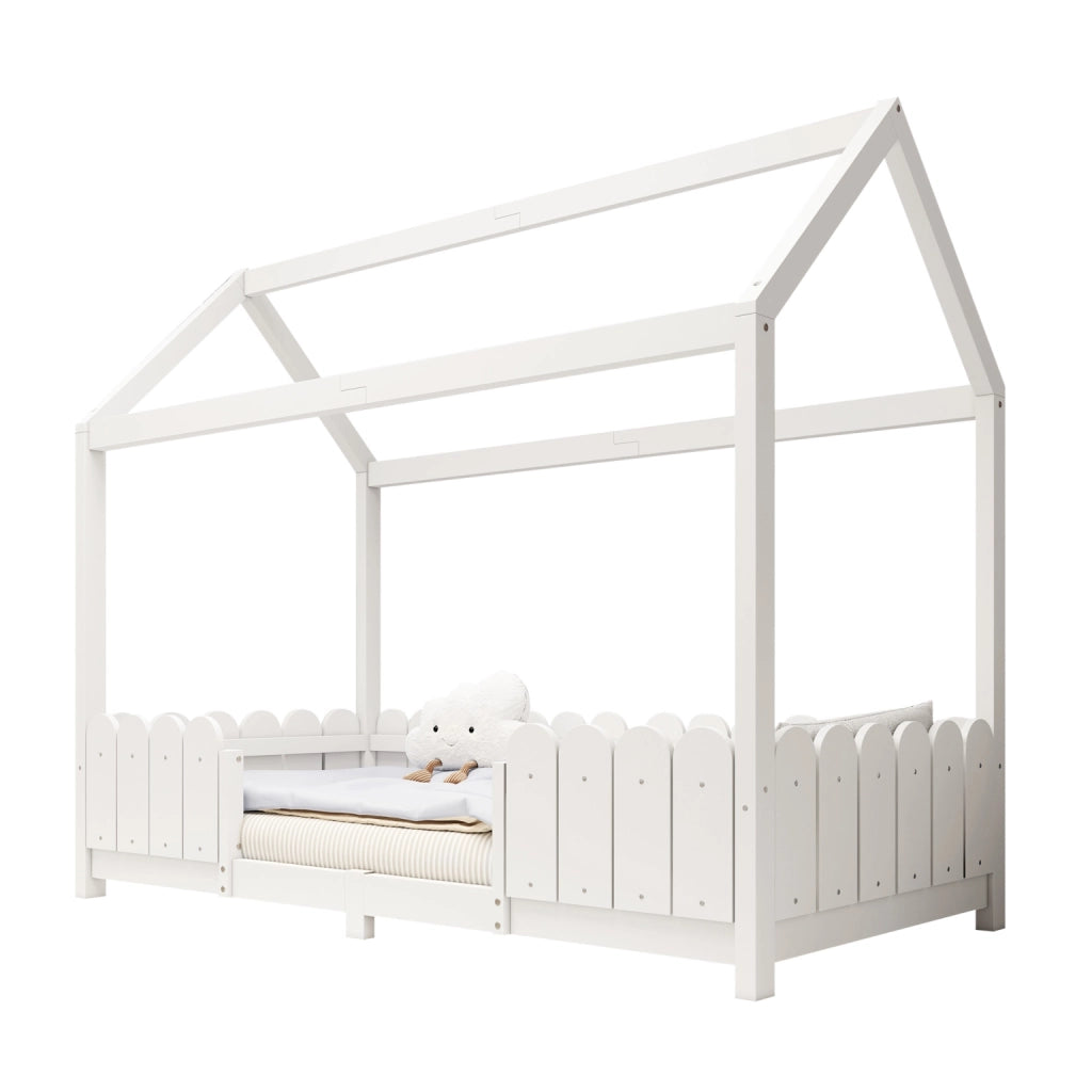 Letto a casa 90x200 cm bianco in legno massello con protezione anticasco e rete a doghe