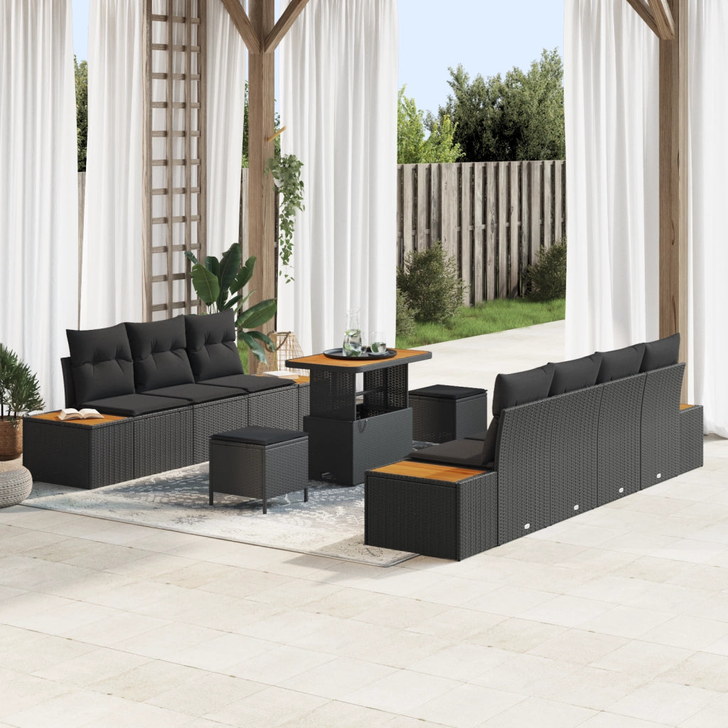 Set di Divano da Giardino  da 10 Pezzi con Cuscini Nero Polyrattan Acacia