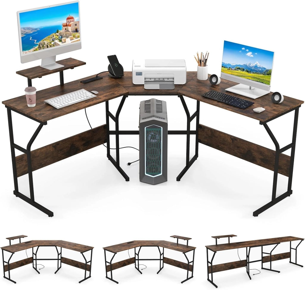Scrivania a forma di L, trasformabile, 148 x 148 x 91 cm, tavolo angolare con porte di ricarica e prese, scrivania da ufficio con ripiano per monitor (nero)
