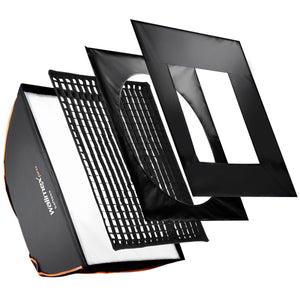 PLUS Orange Softbox 80x120cm, girevole a 360°, Sagomatore di luce per foto e video, incluso diffusore griglia maschere adattatore Aurora/Bowens, per studio fotografico