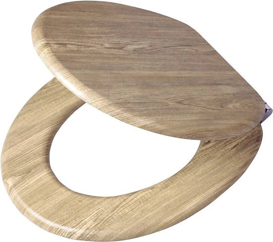 Sedile sanitario con copertura in legno naturale, chiusura automatica, fissaggio metallico, dimensioni 46,6 x 37,6 x 6 cm