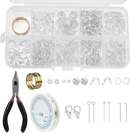 Set per creare e riparare gioielli con anelli e orecchini - Accessori per fai da te in scatola di plastica - 10 sacchetti - Fai da te e adulti - Argento