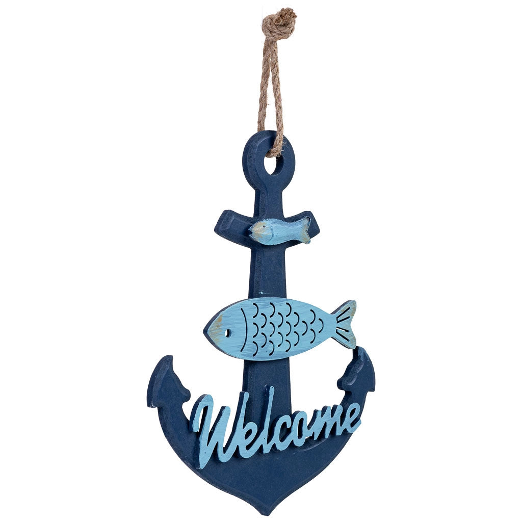 Figura decorativa da appendere a forma di ancora in legno blu, 20x1.5x33h cm