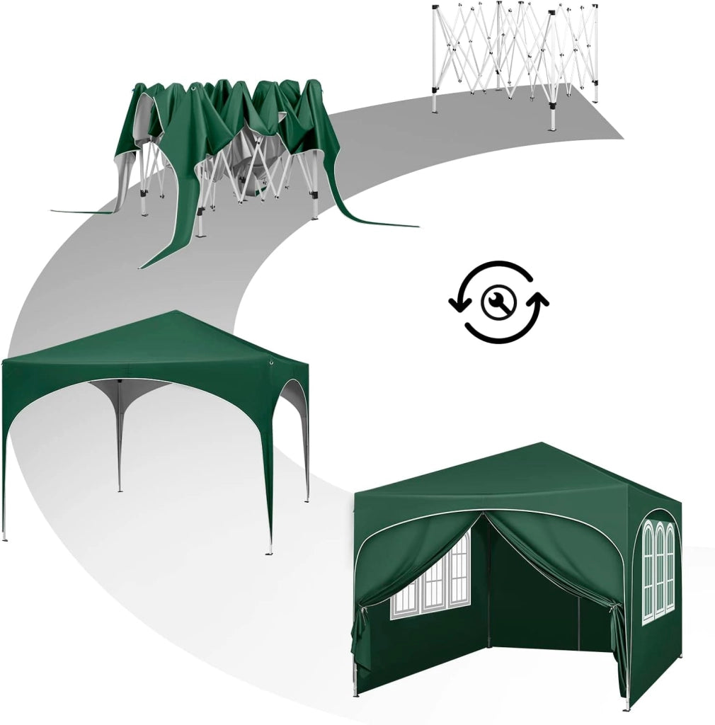 Gazebo Pieghevole da Giardino, Gazebo Idrorepellente Pop Up da 3x3m Pannelli Laterali, Tendone Esterno, Altezza Regolabile, Protezione UV, con Custodia Verde