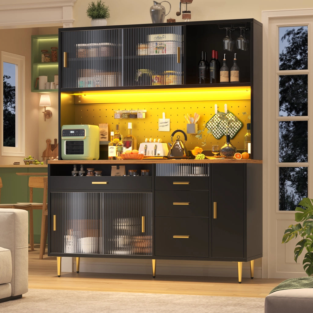 Credenza Alta da Cucina con 2 Ante Scorrevoli in Vetro; Ripiani Regolabili e LED; in MDF; 145×39×171 cm; Nero
