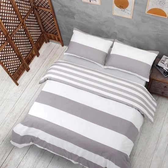 Set da letto 200x200 3 pezzi grigio e bianco - Oeko-TEX 80% cotone & 20% poliestere, 1x coperta da letto con chiusura a zip + 2x cuscini copri 50x80 con chiusura a bavetta, ancora modello